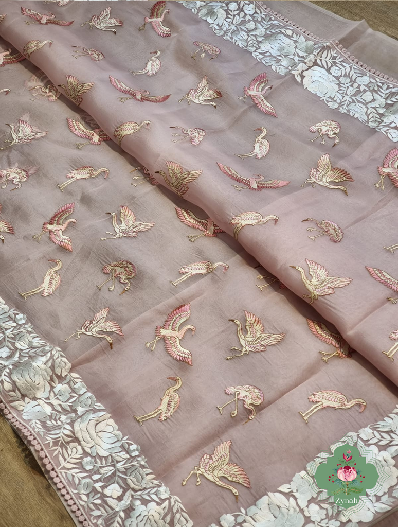Powder Pink Pure Organza Silk Saree With Parsi Embroidery Border & All Over Embroidered Flamingoes 5