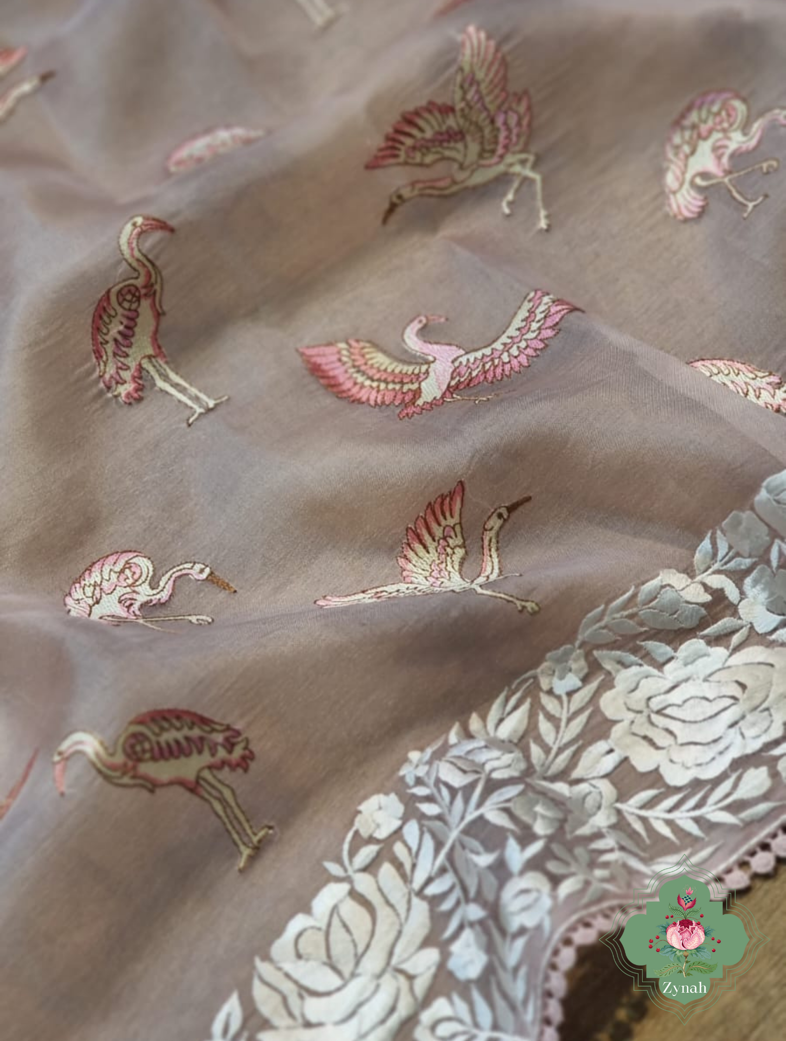Powder Pink Pure Organza Silk Saree With Parsi Embroidery Border & All Over Embroidered Flamingoes 6