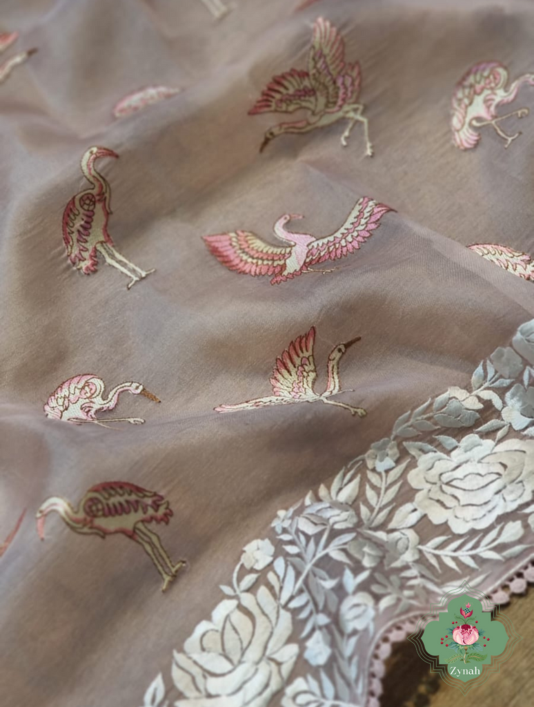 Powder Pink Pure Organza Silk Saree With Parsi Embroidery Border & All Over Embroidered Flamingoes 6