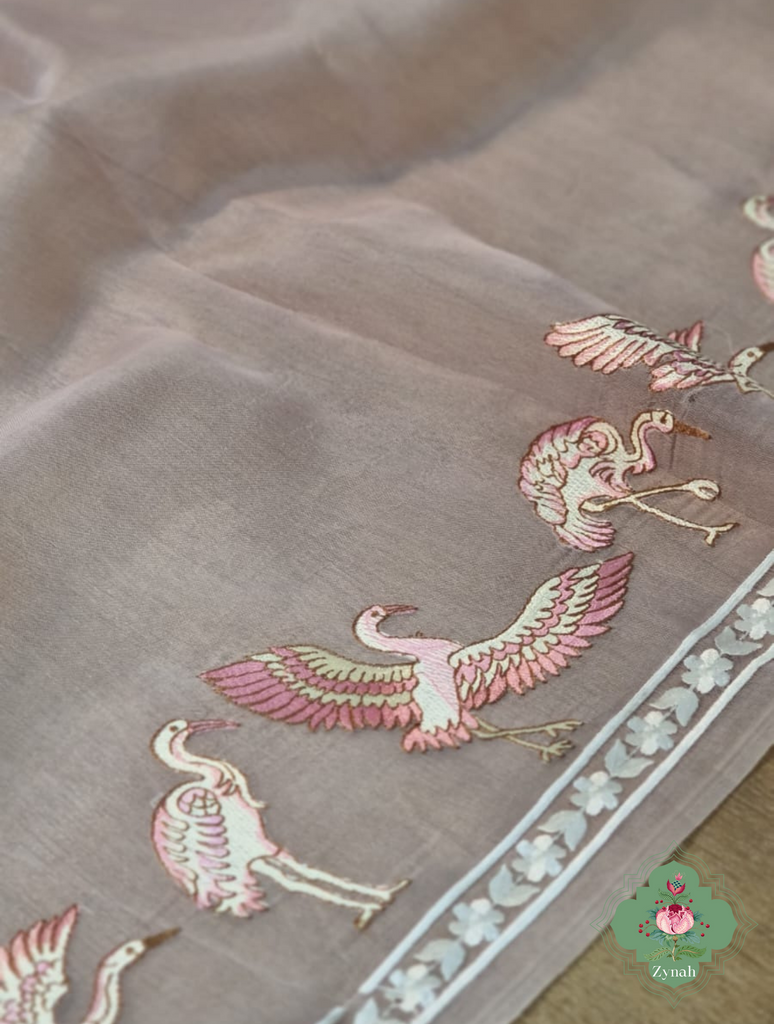 Powder Pink Pure Organza Silk Saree With Parsi Embroidery Border & All Over Embroidered Flamingoes 7