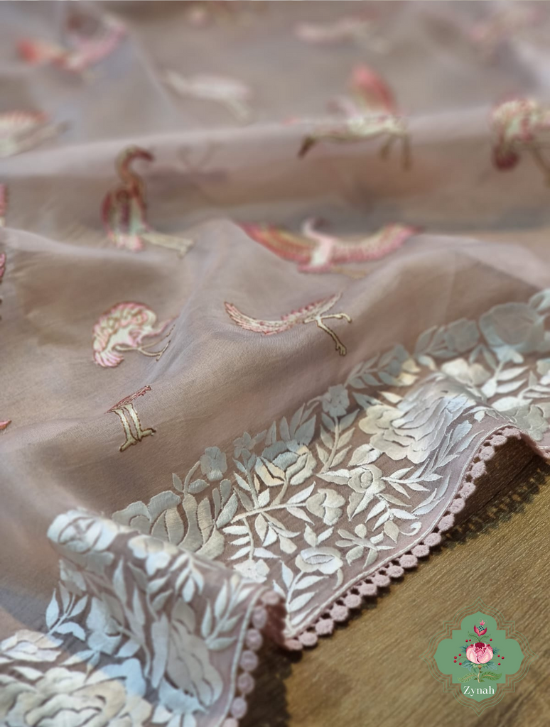 Powder Pink Pure Organza Silk Saree With Parsi Embroidery Border & All Over Embroidered Flamingoes 8