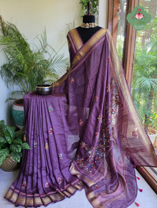 Prisha| Aubergine Pure Silk Linen Saree With Hand Embroidery