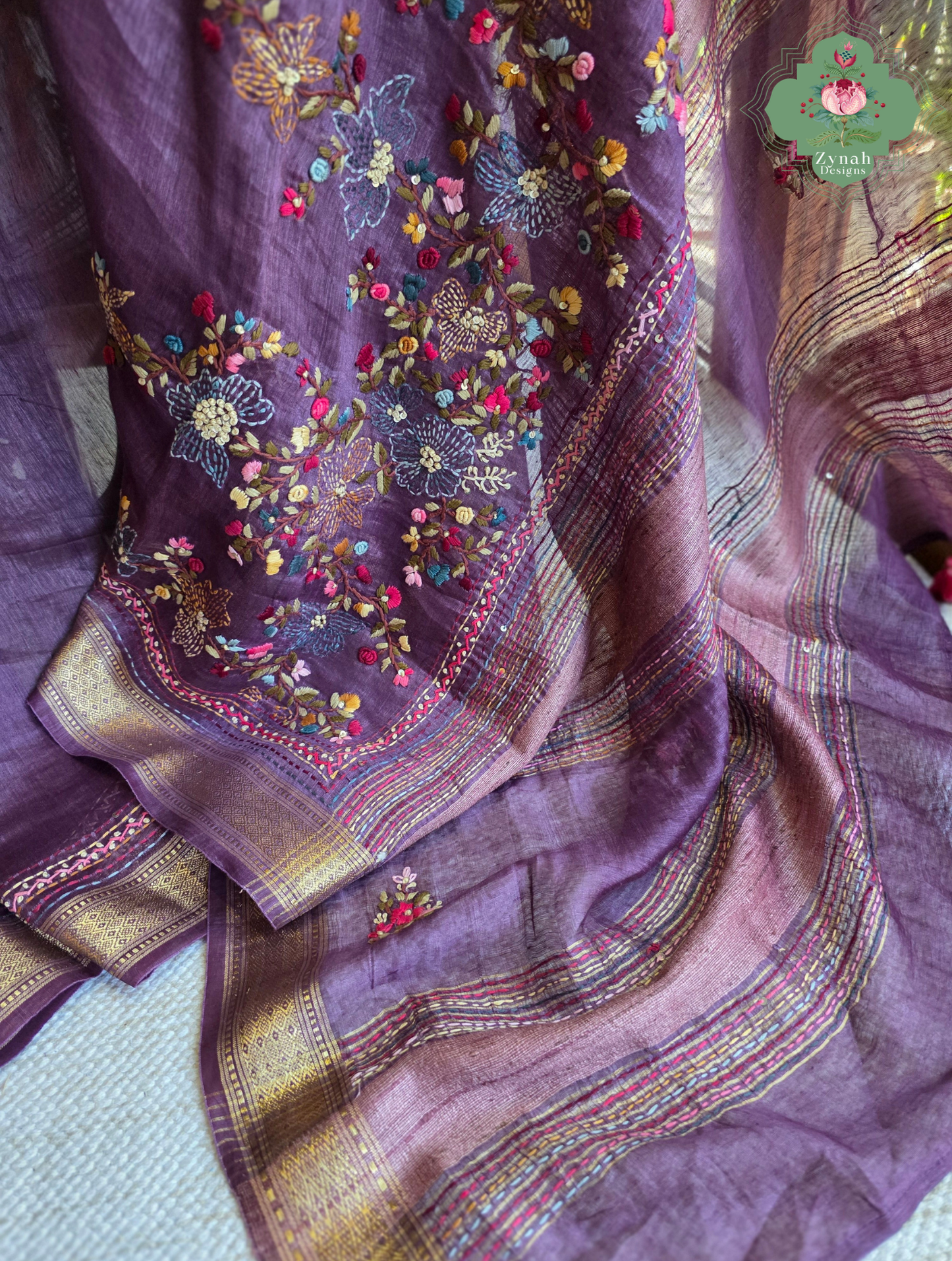 Prisha| Aubergine Pure Silk Linen Saree With Hand Embroidery