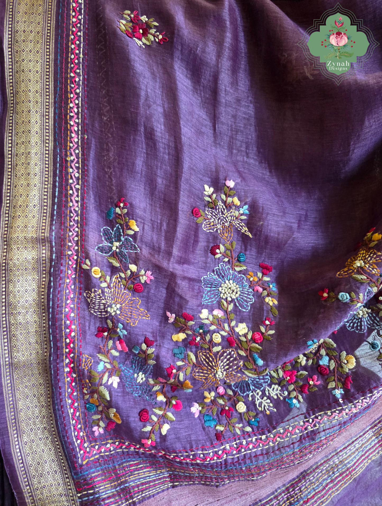 Prisha| Aubergine Pure Silk Linen Saree With Hand Embroidery