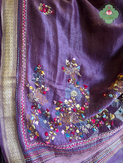 Prisha| Aubergine Pure Silk Linen Saree With Hand Embroidery