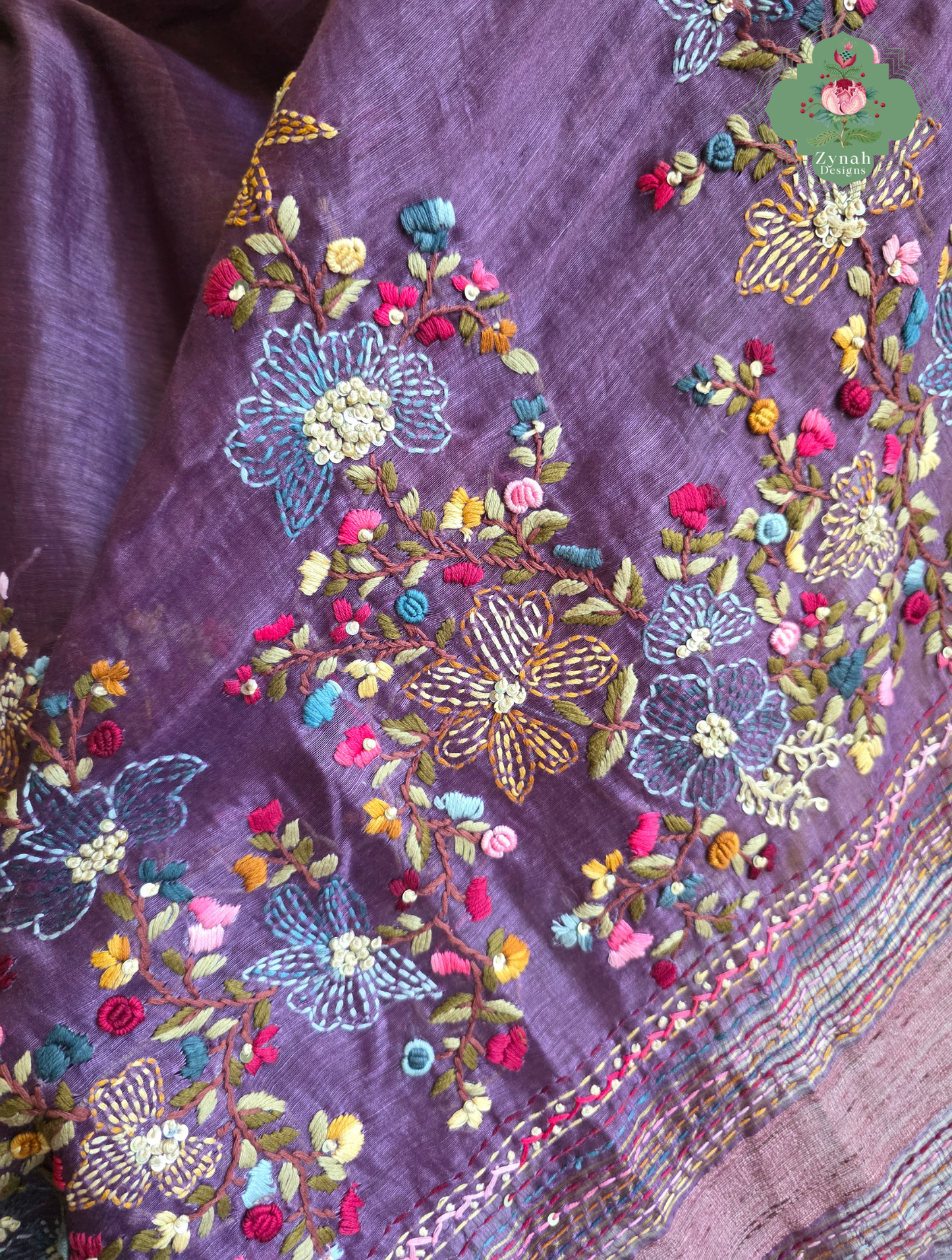 Prisha| Aubergine Pure Silk Linen Saree With Hand Embroidery
