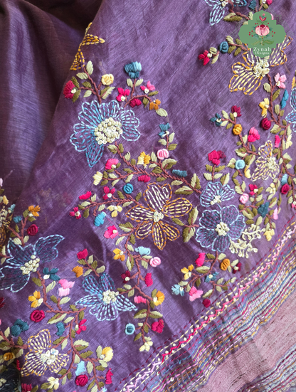 Prisha| Aubergine Pure Silk Linen Saree With Hand Embroidery