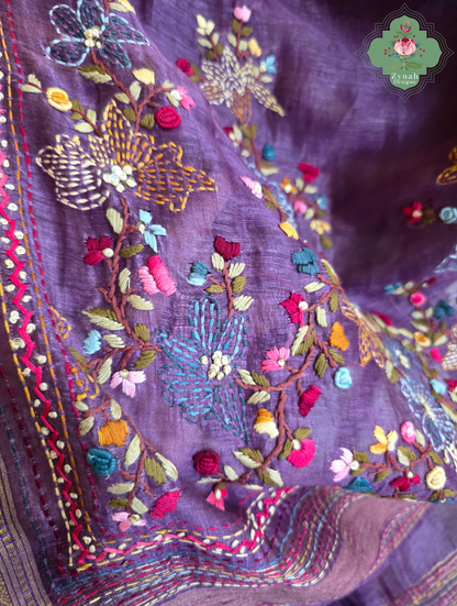 Prisha| Aubergine Pure Silk Linen Saree With Hand Embroidery