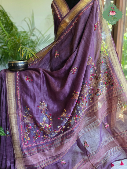 Prisha| Aubergine Pure Silk Linen Saree With Hand Embroidery