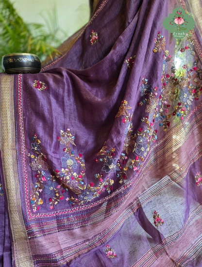 Prisha| Aubergine Pure Silk Linen Saree With Hand Embroidery