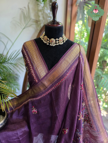 Prisha| Aubergine Pure Silk Linen Saree With Hand Embroidery