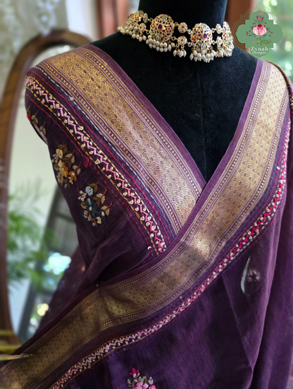 Prisha| Aubergine Pure Silk Linen Saree With Hand Embroidery