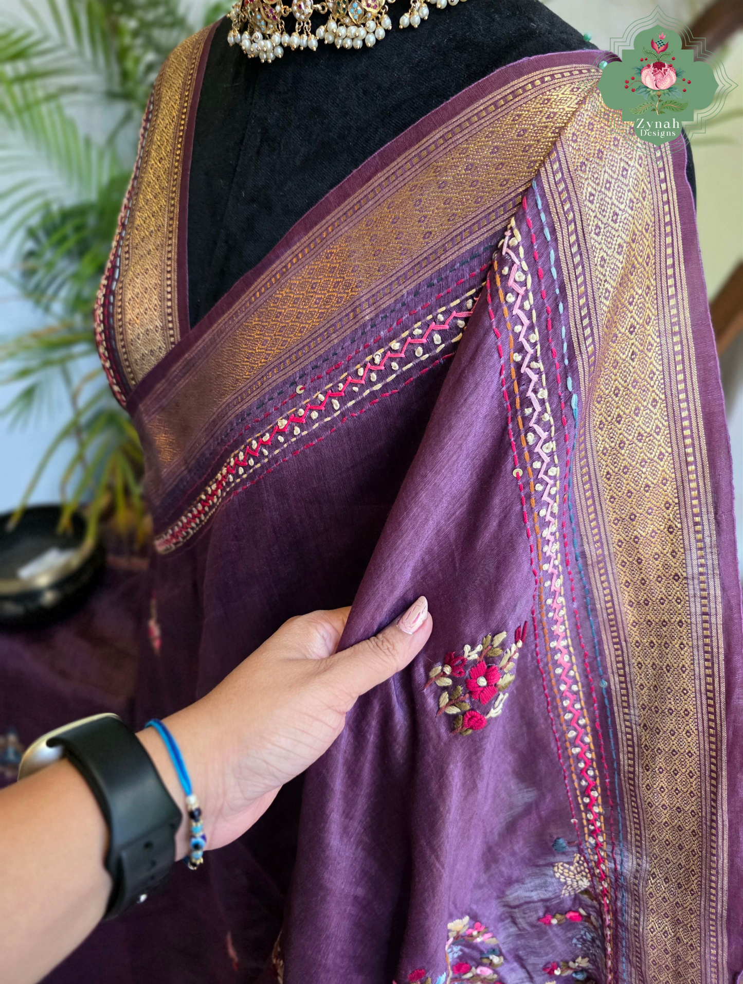Prisha| Aubergine Pure Silk Linen Saree With Hand Embroidery