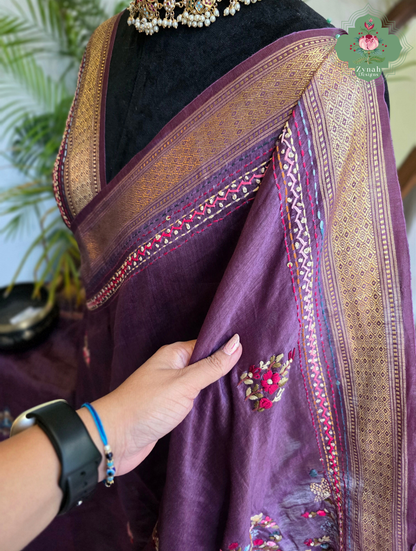 Prisha| Aubergine Pure Silk Linen Saree With Hand Embroidery