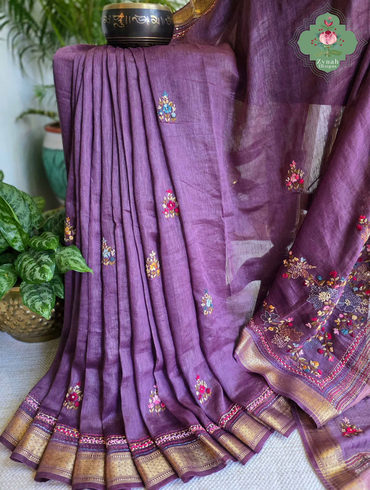Prisha| Aubergine Pure Silk Linen Saree With Hand Embroidery