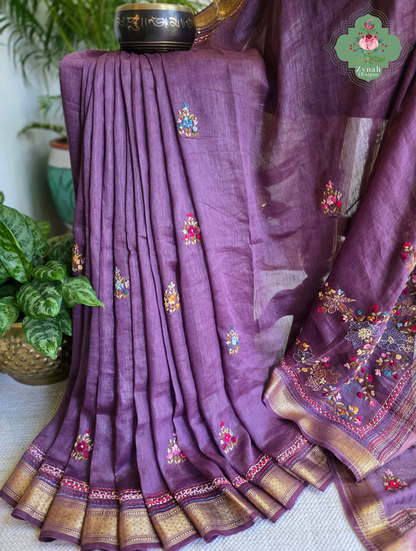 Prisha| Aubergine Pure Silk Linen Saree With Hand Embroidery