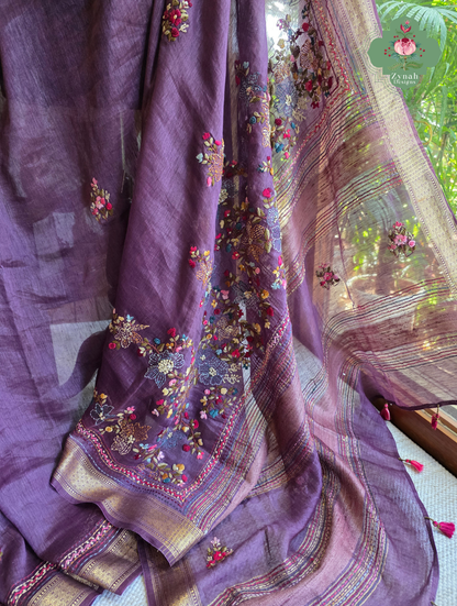 Prisha| Aubergine Pure Silk Linen Saree With Hand Embroidery