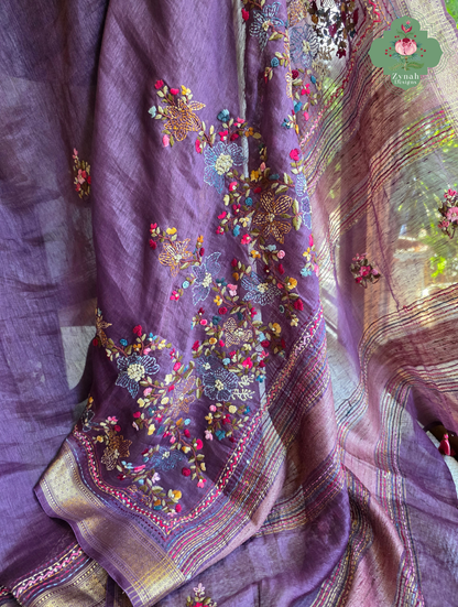 Prisha| Aubergine Pure Silk Linen Saree With Hand Embroidery
