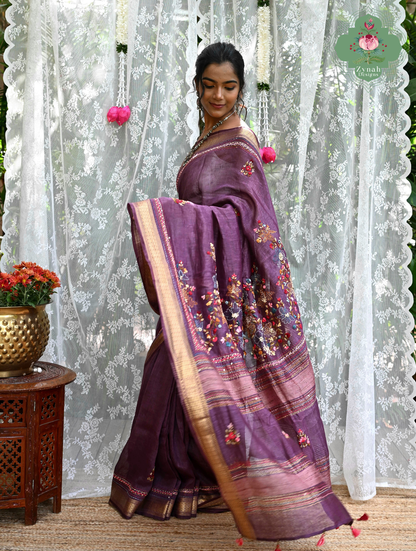 Prisha| Aubergine Pure Silk Linen Saree With Hand Embroidery