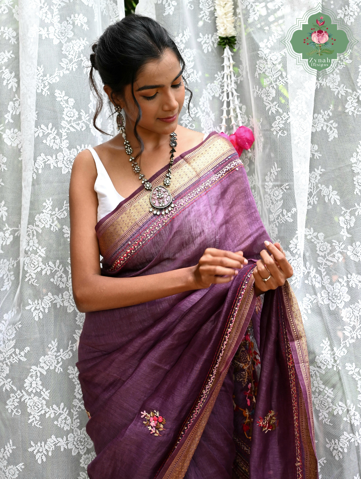 Prisha| Aubergine Pure Silk Linen Saree With Hand Embroidery