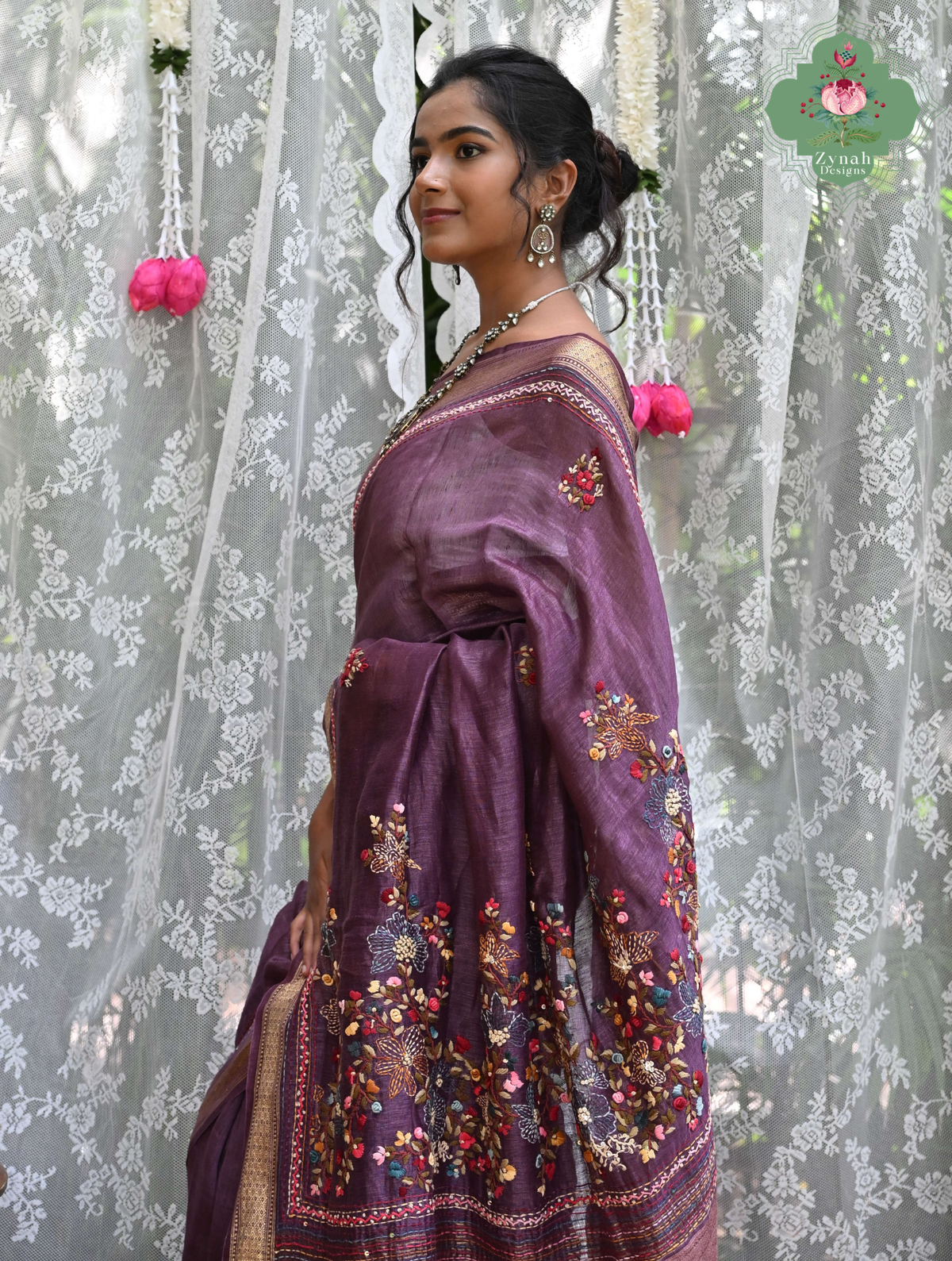 Prisha| Aubergine Pure Silk Linen Saree With Hand Embroidery