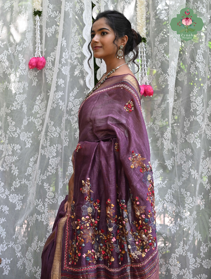 Prisha| Aubergine Pure Silk Linen Saree With Hand Embroidery