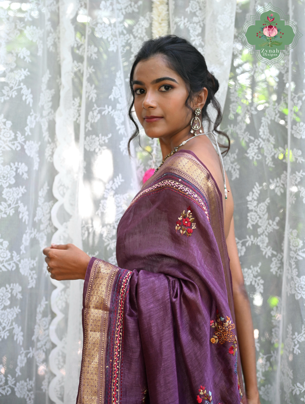 Prisha| Aubergine Pure Silk Linen Saree With Hand Embroidery