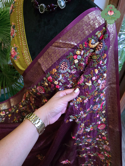 Zynah Aubergine Éclat – Purple Aubergine Satin Silk Saree with French Knot Hand Embroidery & Fine Gold Zari Lines