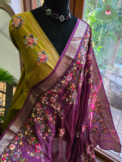 Zynah Aubergine Éclat – Purple Aubergine Satin Silk Saree with French Knot Hand Embroidery & Fine Gold Zari Lines