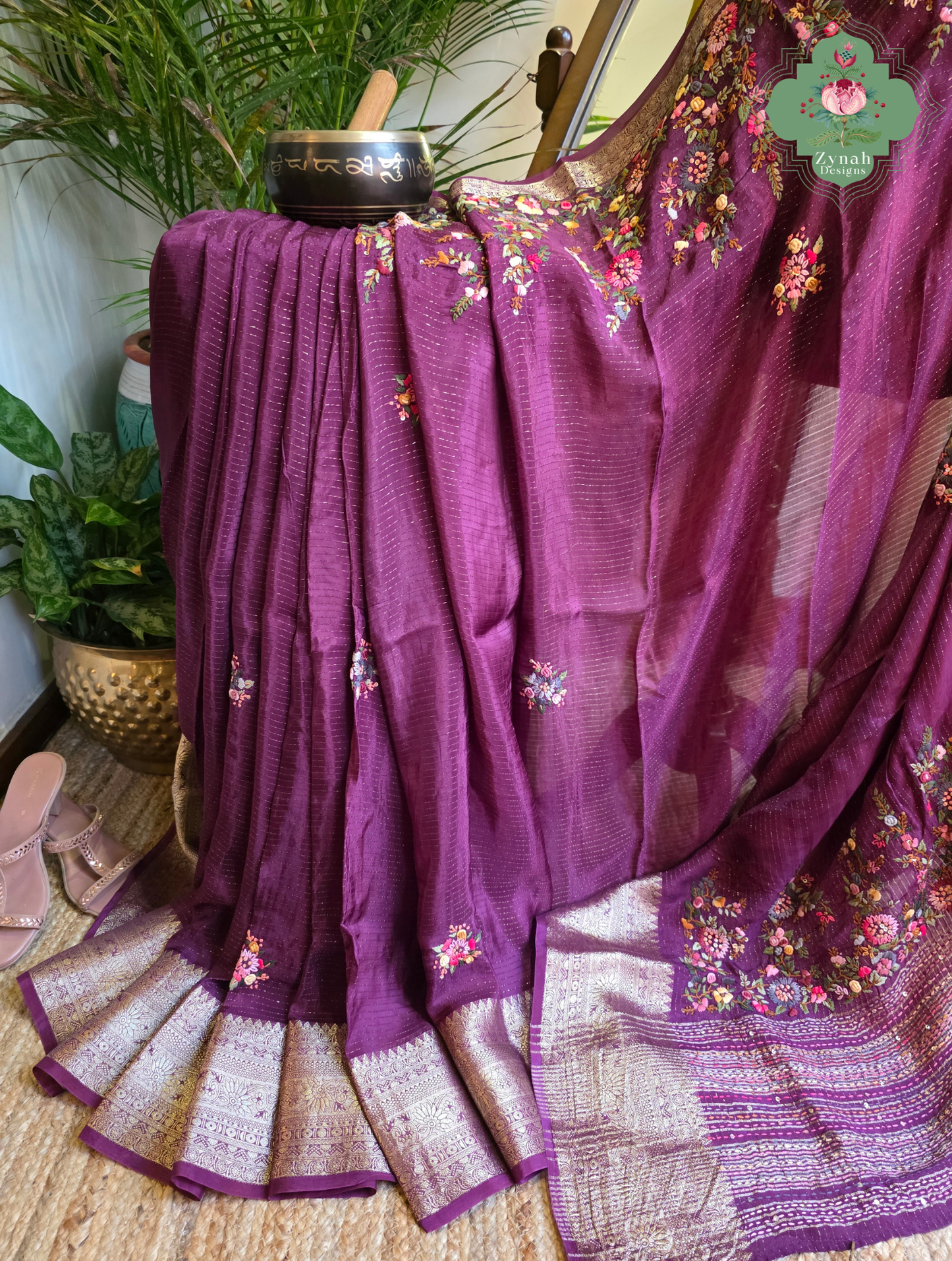 Zynah Aubergine Éclat – Purple Aubergine Satin Silk Saree with French Knot Hand Embroidery & Fine Gold Zari Lines
