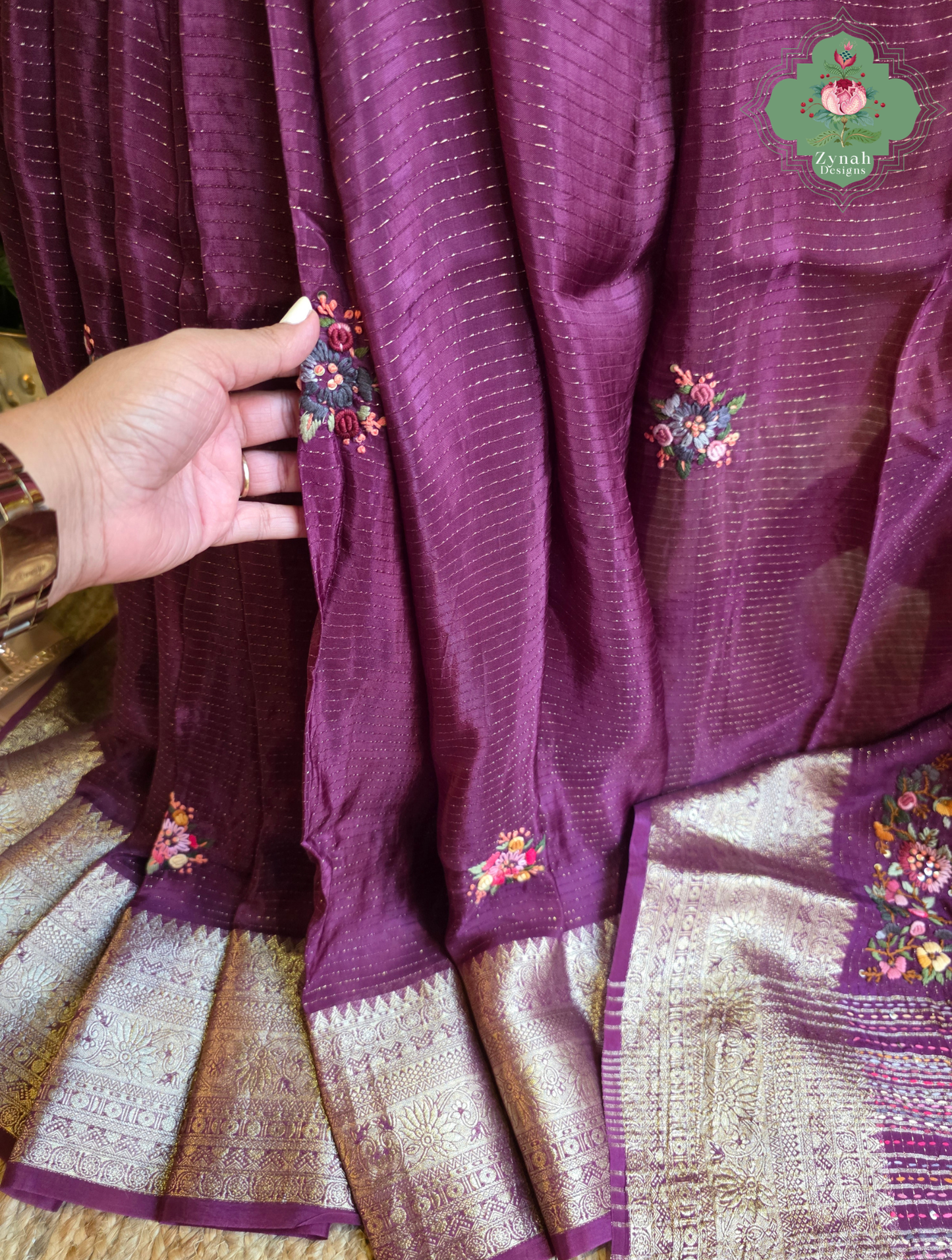 Zynah Aubergine Éclat – Purple Aubergine Satin Silk Saree with French Knot Hand Embroidery & Fine Gold Zari Lines