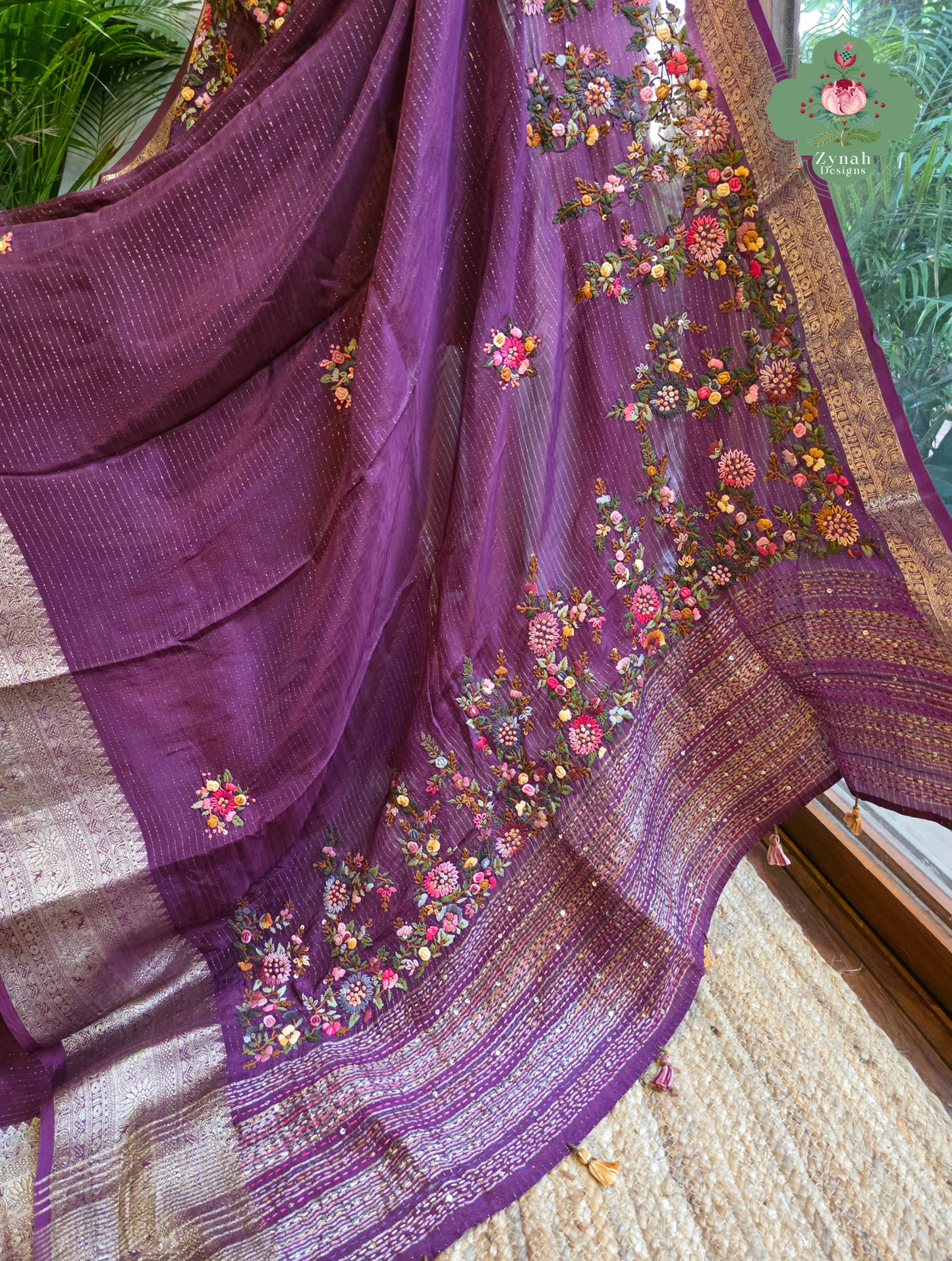 Zynah Aubergine Éclat – Purple Aubergine Satin Silk Saree with French Knot Hand Embroidery & Fine Gold Zari Lines