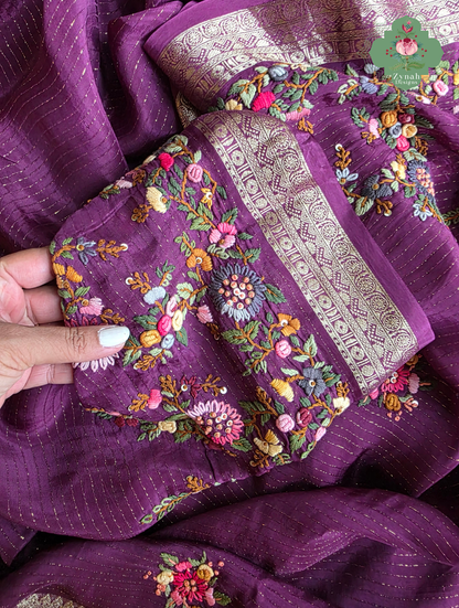 Zynah Aubergine Éclat – Purple Aubergine Satin Silk Saree with French Knot Hand Embroidery & Fine Gold Zari Lines