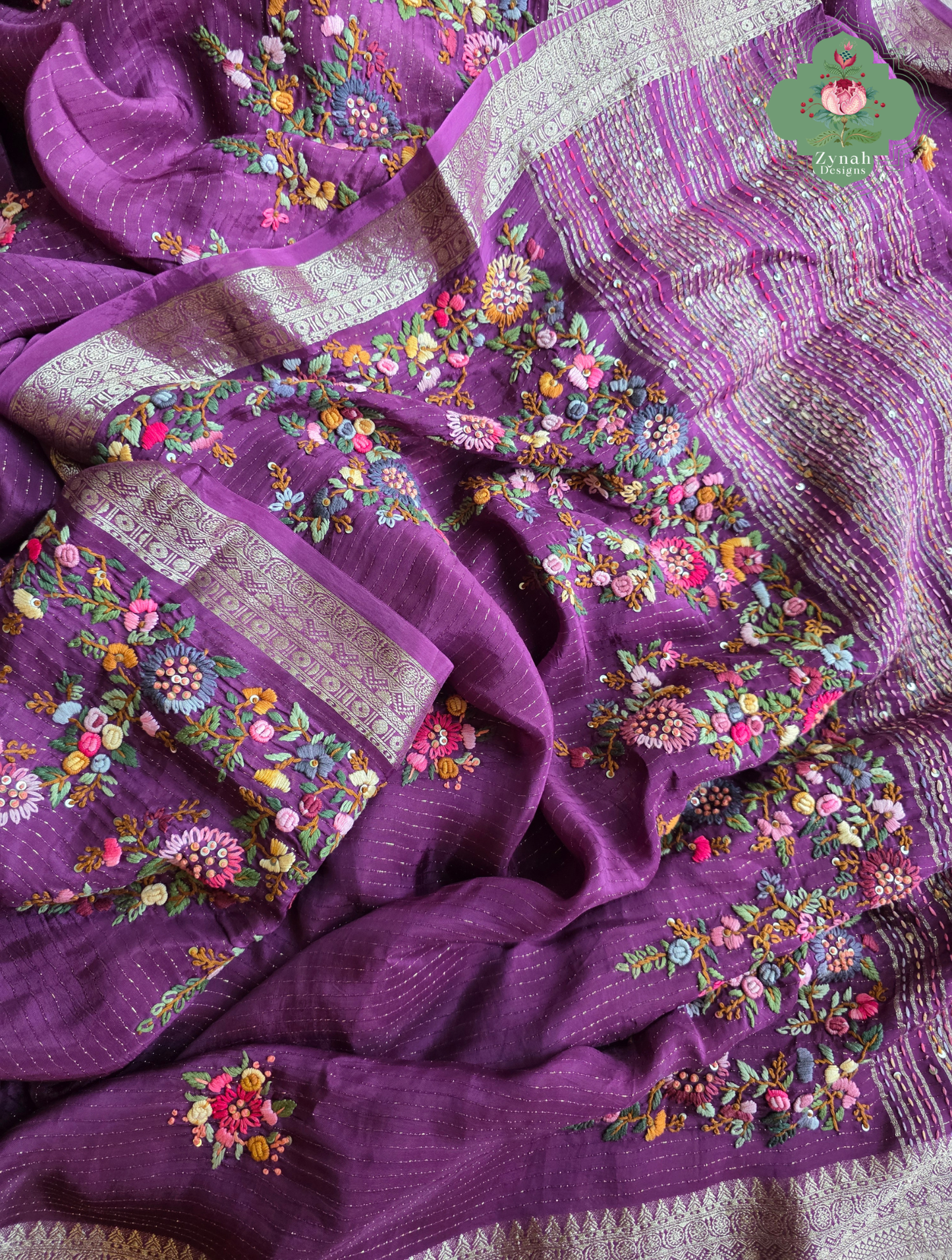 Zynah Aubergine Éclat – Purple Aubergine Satin Silk Saree with French Knot Hand Embroidery & Fine Gold Zari Lines