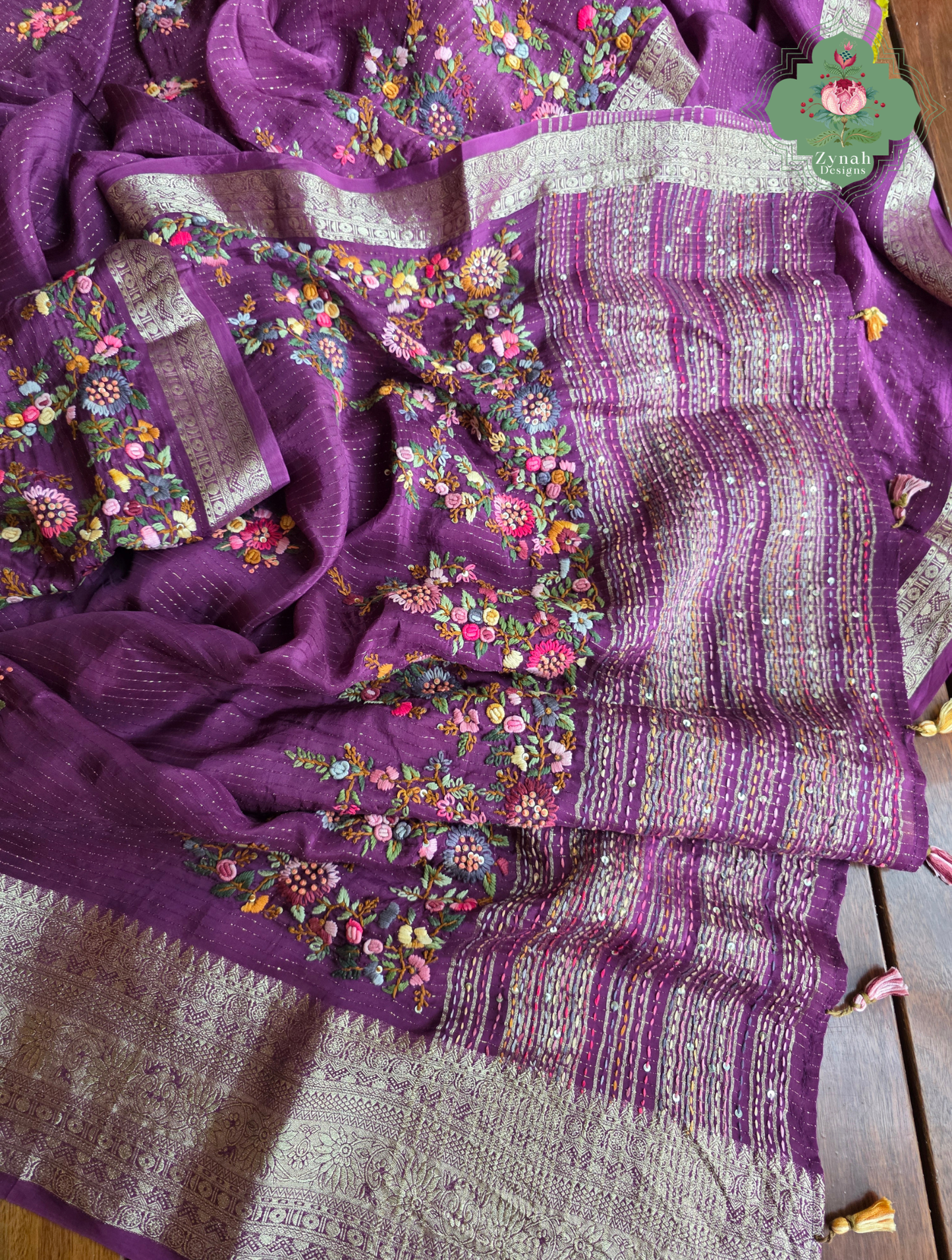Zynah Aubergine Éclat – Purple Aubergine Satin Silk Saree with French Knot Hand Embroidery & Fine Gold Zari Lines