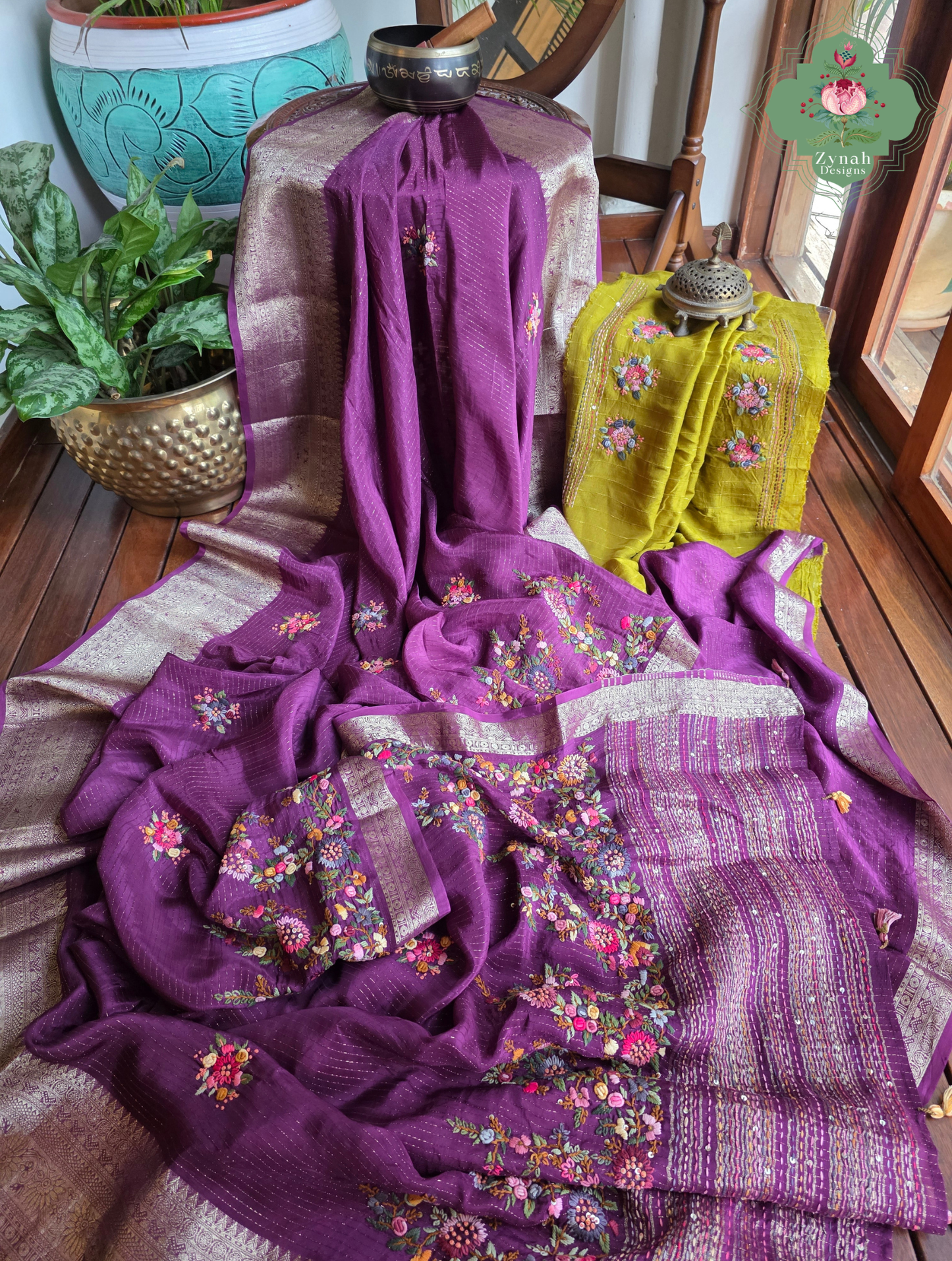 Zynah Aubergine Éclat – Purple Aubergine Satin Silk Saree with French Knot Hand Embroidery & Fine Gold Zari Lines
