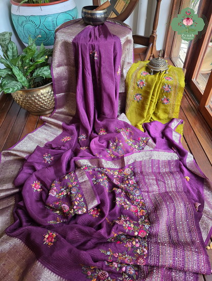 Zynah Aubergine Éclat – Purple Aubergine Satin Silk Saree with French Knot Hand Embroidery & Fine Gold Zari Lines
