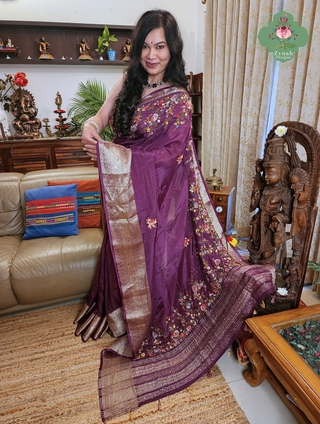 Zynah Purple Aubergine Satin Silk Saree With French Knot Hand Embroidery & Fine Gold Zari Lines; Custom Stitched/Ready-made Blouse, Fall, Petticoat; SKU: 1806202602