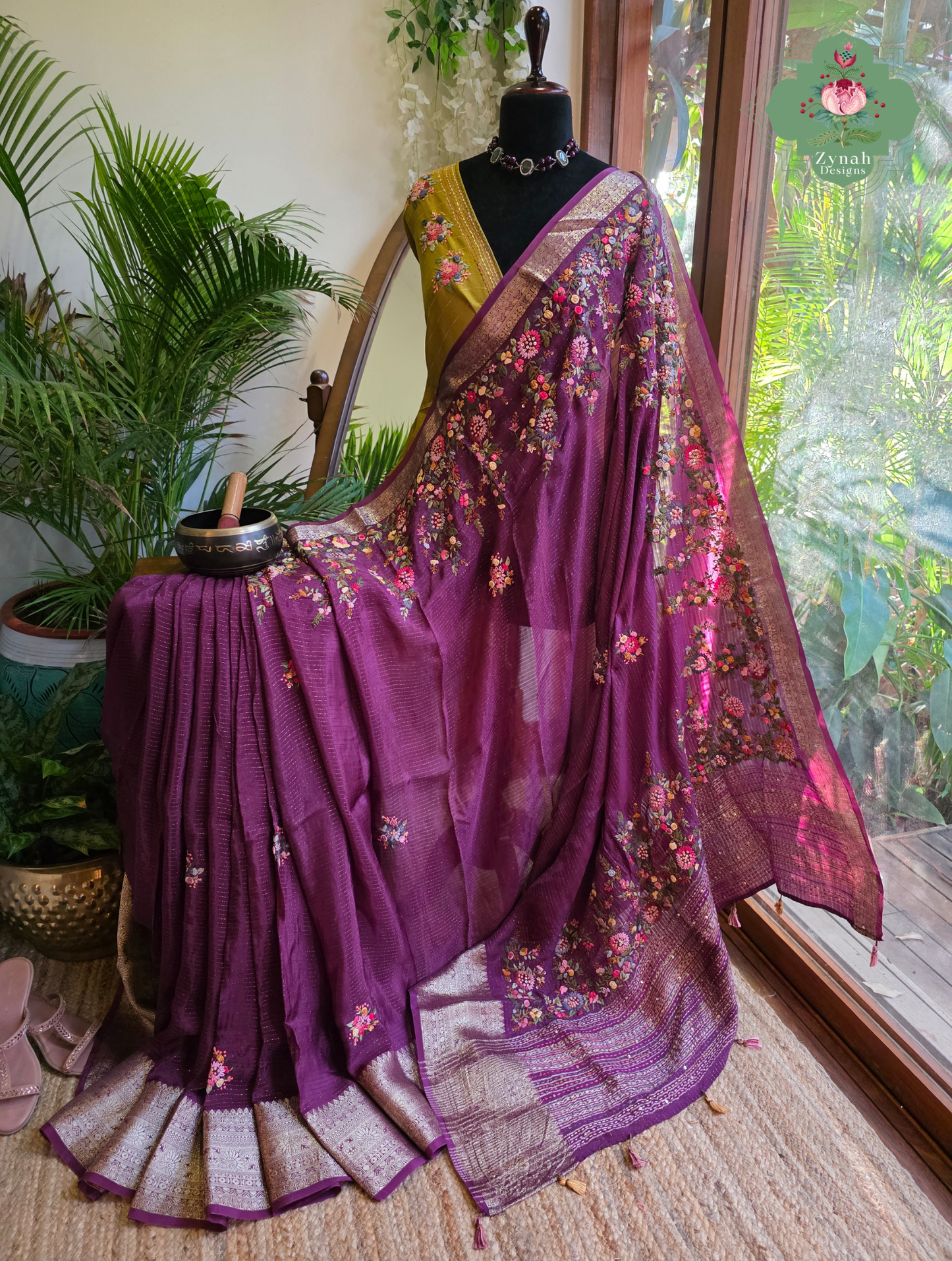 Zynah Aubergine Éclat – Purple Aubergine Satin Silk Saree with French Knot Hand Embroidery & Fine Gold Zari Lines