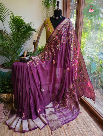 Zynah Purple Aubergine Satin Silk Saree With French Knot Hand Embroidery & Fine Gold Zari Lines; Custom Stitched/Ready-made Blouse, Fall, Petticoat; SKU: 1806202602