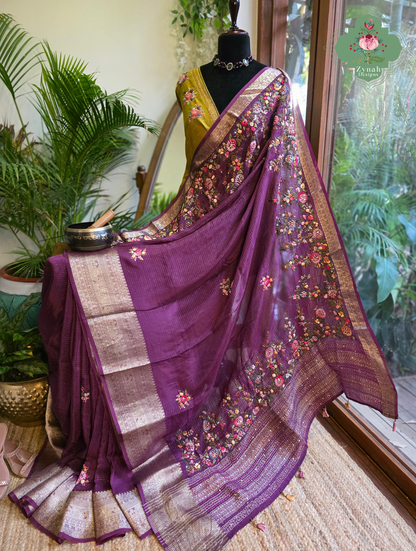 Zynah Aubergine Éclat – Purple Aubergine Satin Silk Saree with French Knot Hand Embroidery & Fine Gold Zari Lines