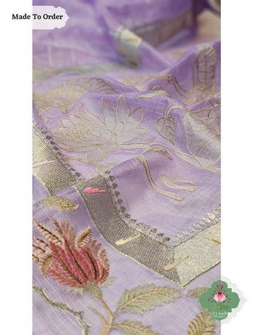 Zynah Made To Order Purple Kota Tussar Silk Saree With Embroidery; Custom Stitched/Ready-made Blouse, Fall, Petticoat; SKU: 1510202504