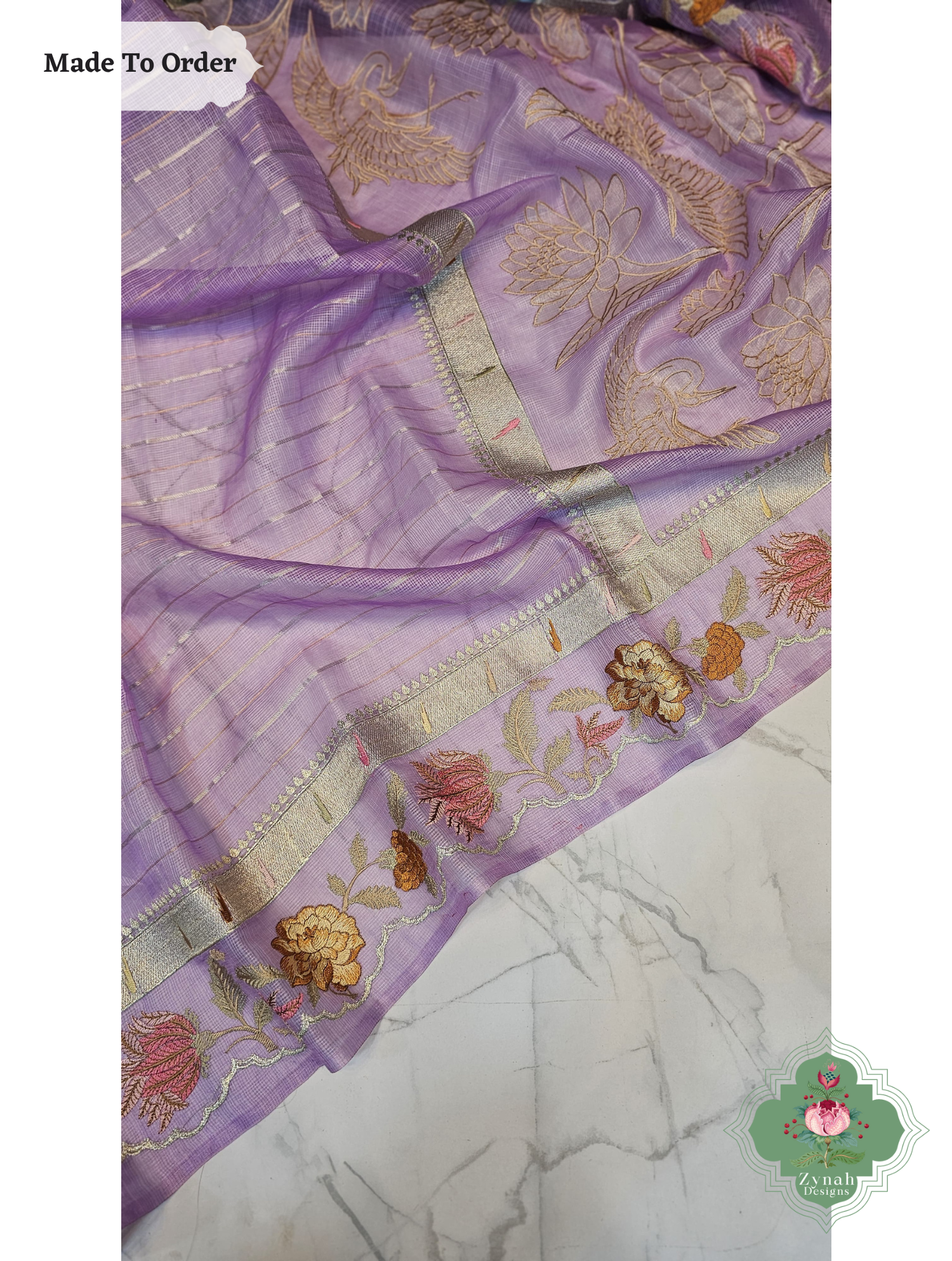 Zynah Made To Order Purple Kota Tussar Silk Saree With Embroidery; Custom Stitched/Ready-made Blouse, Fall, Petticoat; SKU: 1510202504