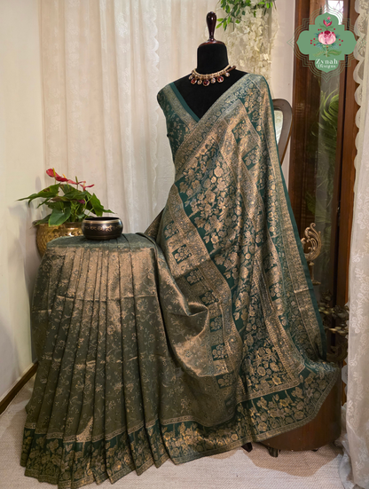 Rachita | Deep Teal Green & Antique Gold Kashmiri Pure Kani Tissue Silk Jamavar Weave Saree | Made To Order