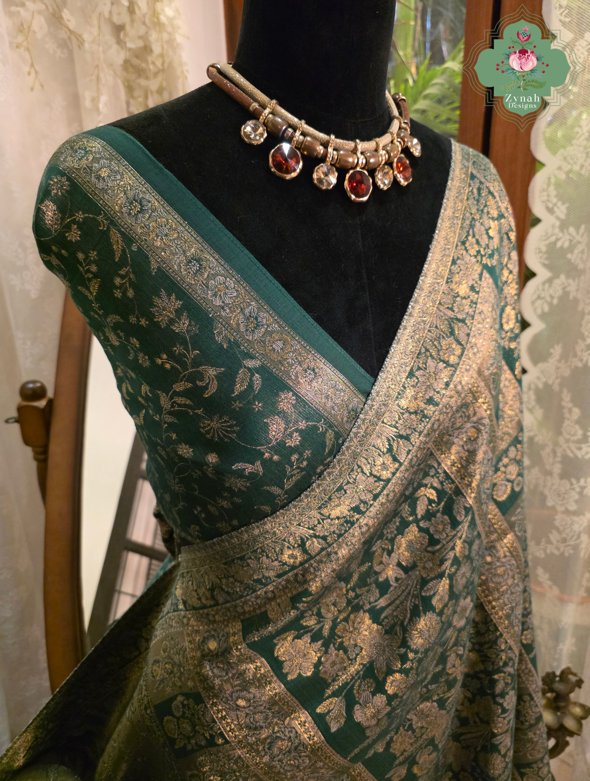 Rachita | Deep Teal Green & Antique Gold Kashmiri Pure Kani Tissue Silk Jamavar Weave Saree | Made To Order