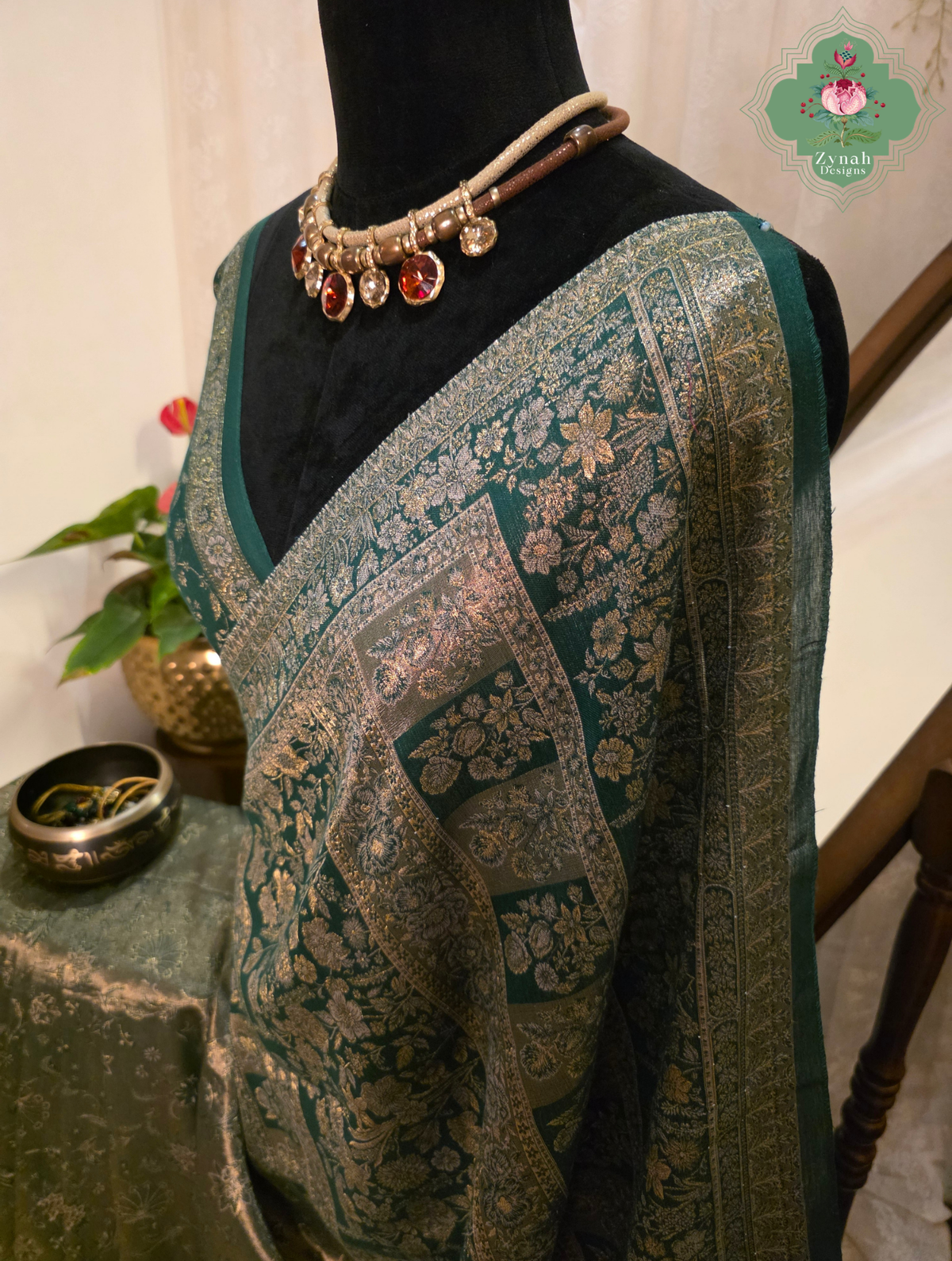 Rachita | Deep Teal Green & Antique Gold Kashmiri Pure Kani Tissue Silk Jamavar Weave Saree | Made To Order