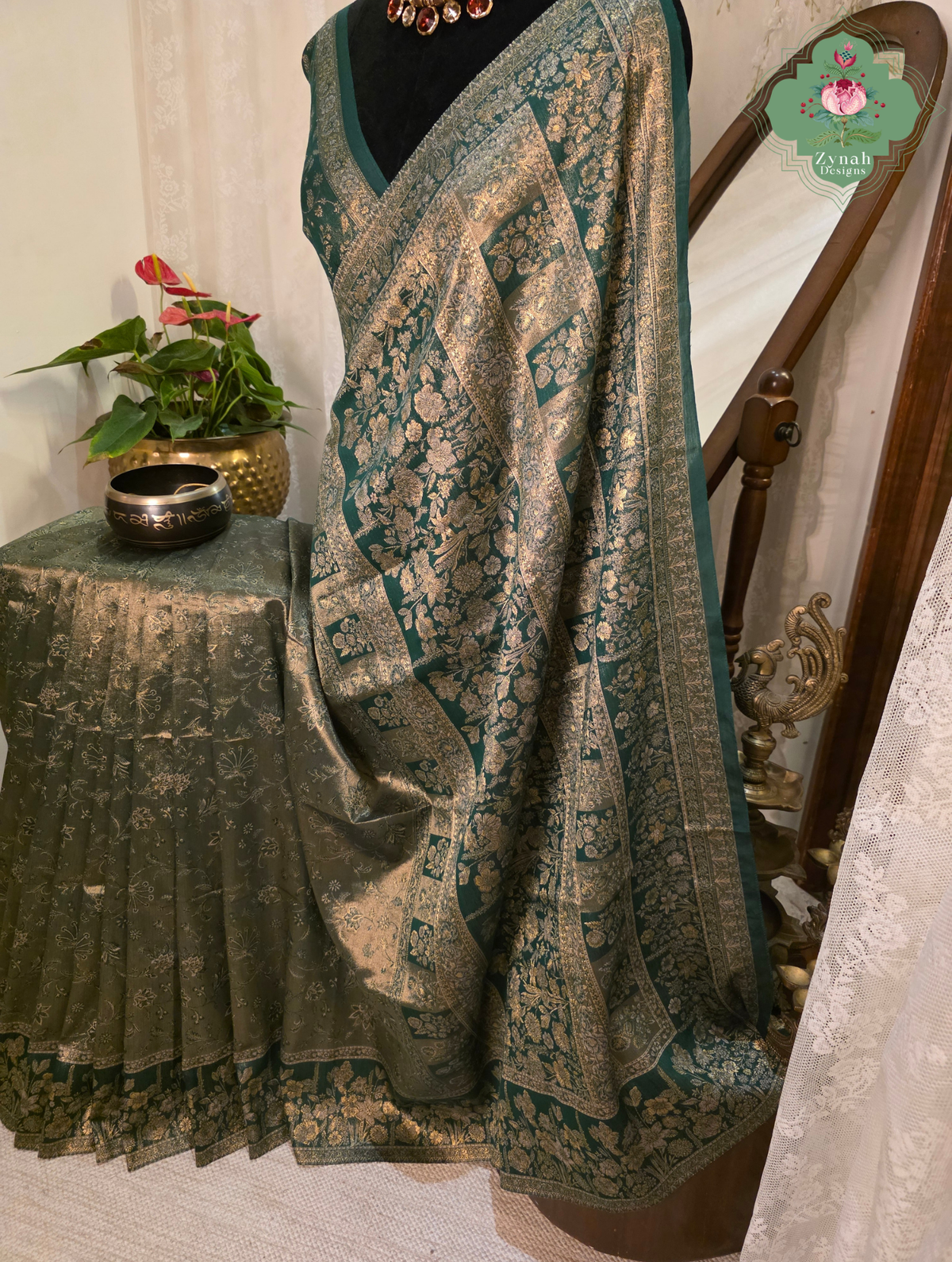 Rachita | Deep Teal Green & Antique Gold Kashmiri Pure Kani Tissue Silk Jamavar Weave Saree | Made To Order