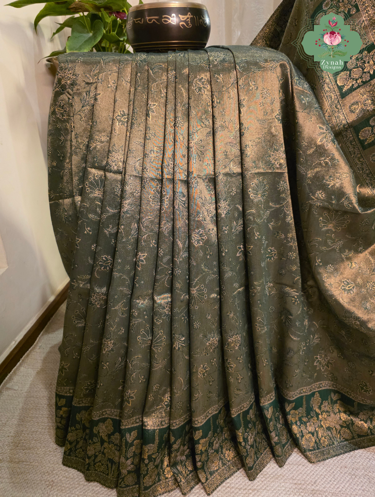 Rachita | Deep Teal Green & Antique Gold Kashmiri Pure Kani Tissue Silk Jamavar Weave Saree | Made To Order