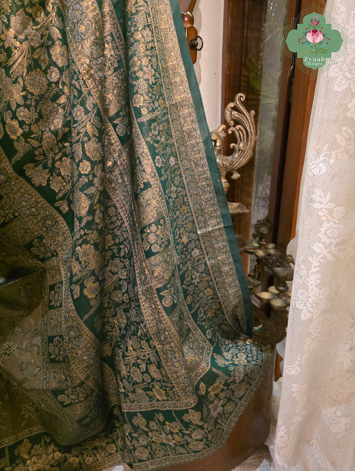 Rachita | Deep Teal Green & Antique Gold Kashmiri Pure Kani Tissue Silk Jamavar Weave Saree | Made To Order