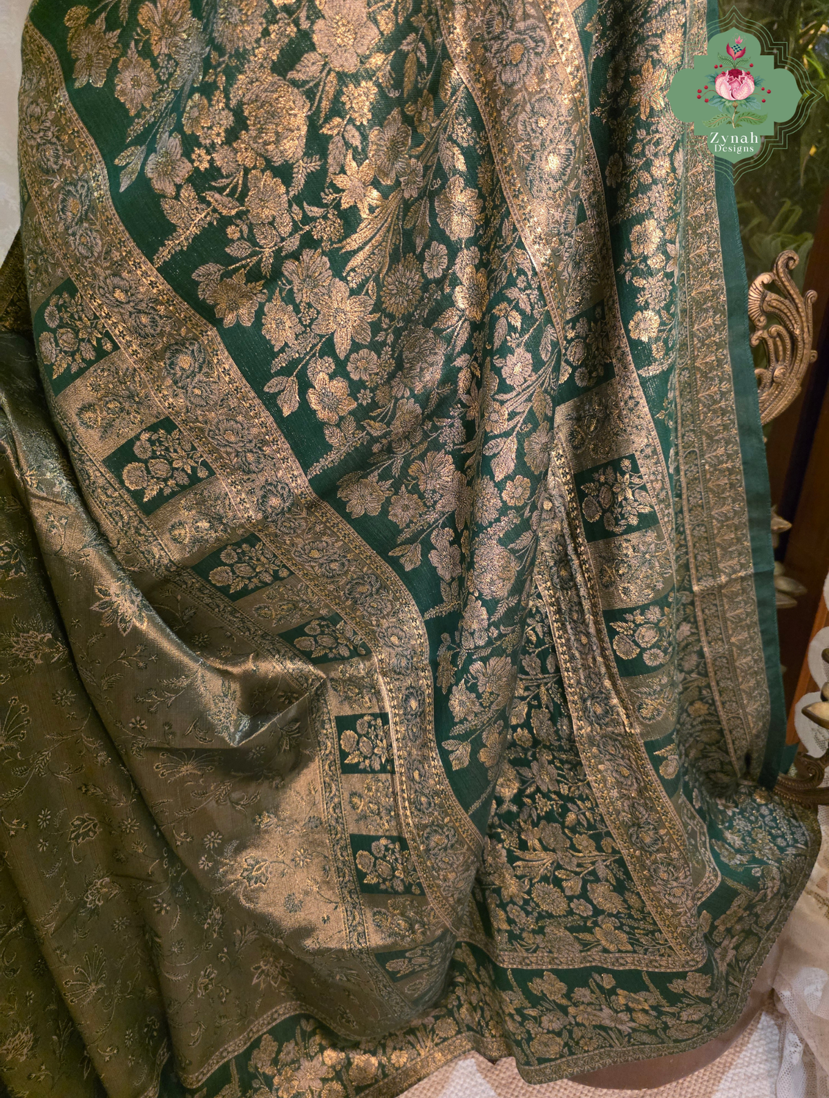Rachita | Deep Teal Green & Antique Gold Kashmiri Pure Kani Tissue Silk Jamavar Weave Saree | Made To Order